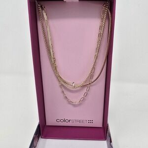 Color Street Layered Necklace Set 3 Chain Gold Tone Cubic Zirconia 16 17 18 Inch